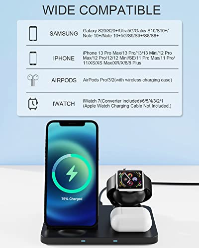 Wireless Charging Station, 3 in 1 Wireless Charger, 18W Fast Charger Stand for iPhone 13/12/11/Pro/Max/XR/XS/X, Apple Watch 7/6/SE/5/4/3/2/1, AirPods Pro/3/2, Adapter and Cable Included
