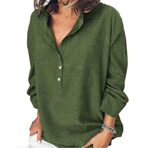andongnywell womens solid color long sleeve v-neck lightweight button casual shirt t shirts (dark green,xx-large,xx-large)