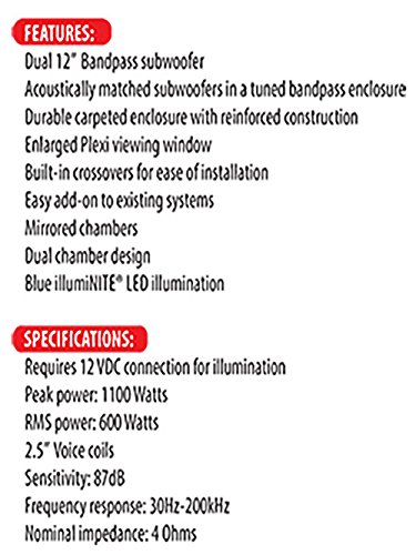 Dual Electronics BP1204 High Performance 12 inch Car Audio Subwoofer in a Tuned Bandpass Enclosure with Blue illumiNITE LED illumination and Plexiglass Viewing Windows and 1,100 Watts of Peak Power