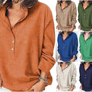 Andongnywell Women's Long Sleeve V-Neck Oversized Lightweight Button Casual Shirt t Shirts (Dark Green,Small,Small)