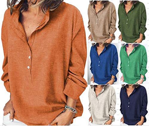 Andongnywell Women's Long Sleeve V-Neck Oversized Lightweight Button Casual Shirt t Shirts (Dark Green,Small,Small)