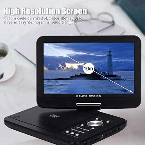 atune analog 10in LCD Screen DVD Player Portable CD Player Digital Panel Built-in Rechargeable Battery Overheated Protection AV Output Input and Earphone Jack, Black (PDV-1010)