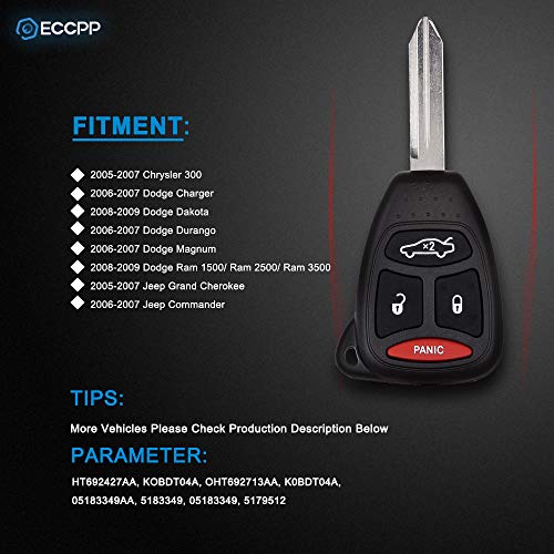 ECCPP 1X Key Fob Keyless Entry Remote Replacement for Chrysler 300 for D odge Charger Dakota Durango Magnum for J eep Grand Cherokee Commander KOBDT04A OHT692713AA 4 Buttons