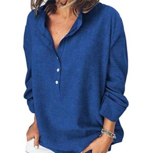 andongnywell women’s solid color long sleeve casual v neck tops shirt button blouse long sleeve shirt (light blue,large,large)