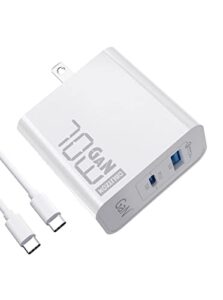 70w usb c charger, gan charger pd usb c fast charger 2 ports power adapter foldable (works with 65w) compatible with macbook pro, dell, huawei, xiaomi, iphone 13/14, ipad pro, galaxy s22
