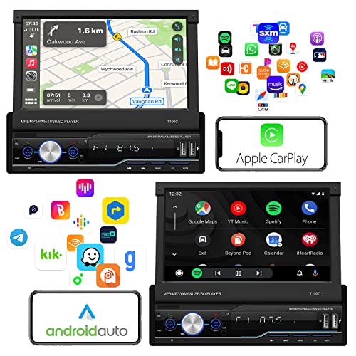 Bluetooth Car Radio Single Din with Flip Out Touch Screen,Car Stereo Apple Carplay,FM AM Car Radio Backup Camera, Hand-Free Calling,Apple Car Play Stereo,Fast Charging,EQ/USB Port/AUX/Mirror Link