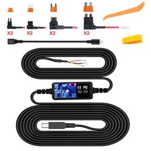dash cam hardwire kit, mini usb hard wire kit fuse for dashcam, plozoe 12v-24v to 5v/2a car dash camera charger power cord（13ft）