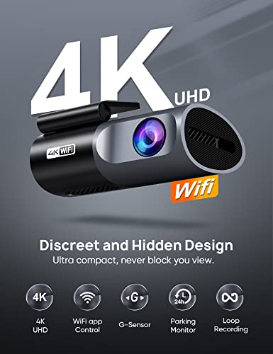 Dash Cam 4K WiFi 2160P Dash Camera for Cars, Car Camera Dash Cam Front Recorder, Dashcam for Cars with App, 24 Hours Parking Mode, G-Sensor, Night Vision, Loop Recording, Support 256GB Max