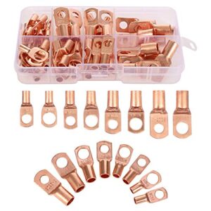 bowinr 140 pcs copper wire lugs, 8 types ul listed heavy duty wire lugs battery cable closed ends bare copper eyelets tubular ring terminal connectors assortment kit