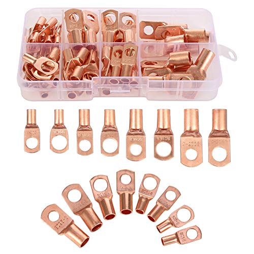 BOWINR 140 Pcs Copper Wire Lugs, 8 Types Ul Listed Heavy Duty Wire Lugs Battery Cable Closed Ends Bare Copper Eyelets Tubular Ring Terminal Connectors Assortment Kit