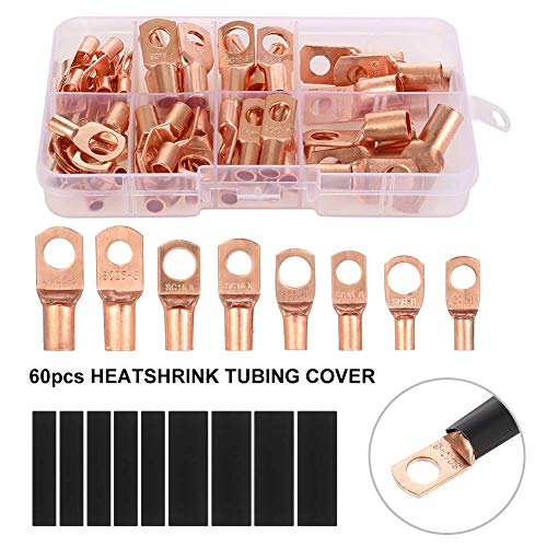 BOWINR 140 Pcs Copper Wire Lugs, 8 Types Ul Listed Heavy Duty Wire Lugs Battery Cable Closed Ends Bare Copper Eyelets Tubular Ring Terminal Connectors Assortment Kit