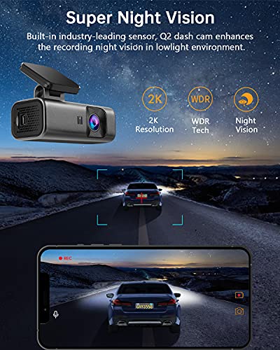 Dash Cam 2K WiFi 1440P Car Camera, Dash Camera for Cars, Front Dashcam for Cars with Super Night Vision, WDR, Loop Recording, G-Sensor, 24 Hours Parking Monitor, APP, Support 128GB Max