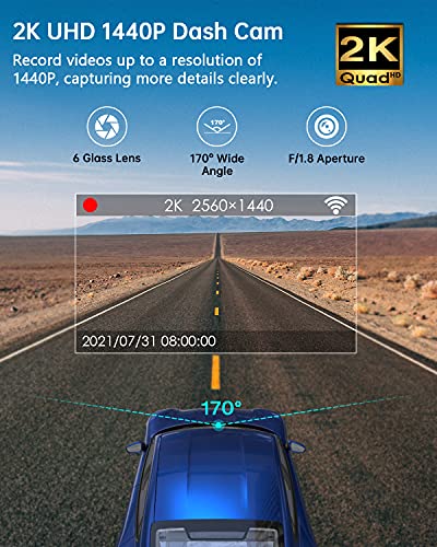 Dash Cam 2K WiFi 1440P Car Camera, Dash Camera for Cars, Front Dashcam for Cars with Super Night Vision, WDR, Loop Recording, G-Sensor, 24 Hours Parking Monitor, APP, Support 128GB Max