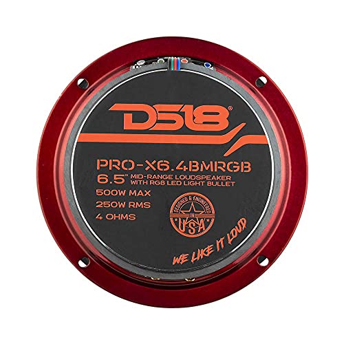 DS18 PRO-X6.4BMRGB Loudspeaker with RGB Light Bullet - 6.5", Midrange, 500W Max, 250W RMS, 4 Ohms - Premium Quality Audio Door Speakers for Car or Truck Stereo Sound System (1 Speaker)