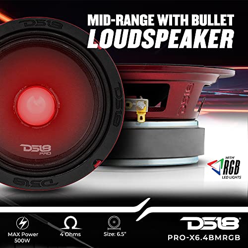 DS18 PRO-X6.4BMRGB Loudspeaker with RGB Light Bullet - 6.5", Midrange, 500W Max, 250W RMS, 4 Ohms - Premium Quality Audio Door Speakers for Car or Truck Stereo Sound System (1 Speaker)