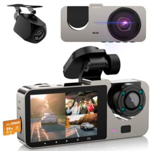3 channel dash cam front and rear inside, 64gb free sd card, 1080p dash camera for car with 4 ir lamps, three way car cam night vision, 2.5 inch lcd, parking monitor, g-sensor, usb c, loop record
