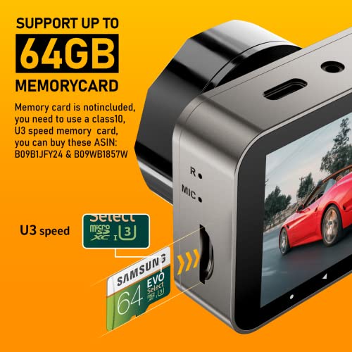 3 Channel Dash Cam Front and Rear Inside, 64GB Free SD Card, 1080P Dash Camera for Car with 4 IR Lamps, Three Way Car Cam Night Vision, 2.5 Inch LCD, Parking Monitor, G-Sensor, USB C, Loop Record