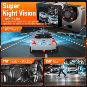 3 Channel Dash Cam Front and Rear Inside, 64GB Free SD Card, 1080P Dash Camera for Car with 4 IR Lamps, Three Way Car Cam Night Vision, 2.5 Inch LCD, Parking Monitor, G-Sensor, USB C, Loop Record
