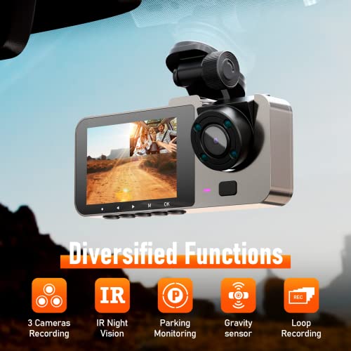 3 Channel Dash Cam Front and Rear Inside, 64GB Free SD Card, 1080P Dash Camera for Car with 4 IR Lamps, Three Way Car Cam Night Vision, 2.5 Inch LCD, Parking Monitor, G-Sensor, USB C, Loop Record