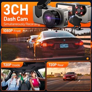 3 Channel Dash Cam Front and Rear Inside, 64GB Free SD Card, 1080P Dash Camera for Car with 4 IR Lamps, Three Way Car Cam Night Vision, 2.5 Inch LCD, Parking Monitor, G-Sensor, USB C, Loop Record