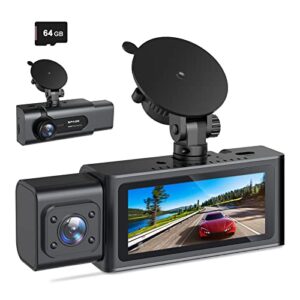spade dash cam front and inside,1080p dual dash camera for cars with 64gb sd card, ir night vision, 3.16” ips screen, wdr g-sensor, 310°wide angle 24h parking monitor loop recording motion detection