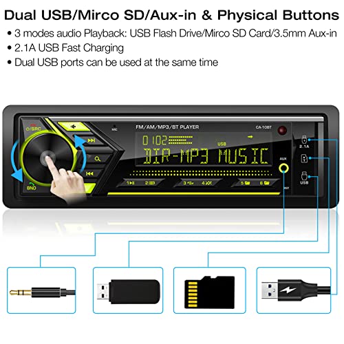 Bluetooth Car Stereo Marine Radio: Single Din LCD Display Audio - Multimedia MP3 Player with FM/AM Radio | Dual USB/SD Card/AUX-in | 2.1A Quick Charge | APP Control | IR Remote