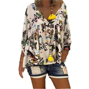 andongnywell women’s v neck casual loose sleeve floral print chifffon blouse tunic v neck floral print shirt (multicolor 1,5,xx-large)