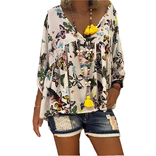 Andongnywell Women's V Neck Casual Loose Sleeve Floral Print Chifffon Blouse Tunic V Neck Floral Print Shirt (Multicolor 1,5,XX-Large)