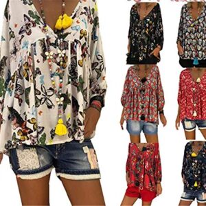 Andongnywell Women's V Neck Casual Loose Sleeve Floral Print Chifffon Blouse Tunic V Neck Floral Print Shirt (Multicolor 1,5,XX-Large)