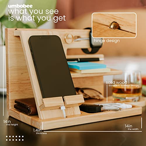 umbobee Wood Phone Docking Station - Nightstand Organizer for Men & Women, Phone Docking Station, Rubber Wood, with Watch Holder, Anniversary Birthday