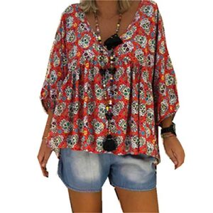 andongnywell womens casual blouse loose sleeve v neck printed tops shirts print chiffon shirt tunics (multicolor 6,1,small)