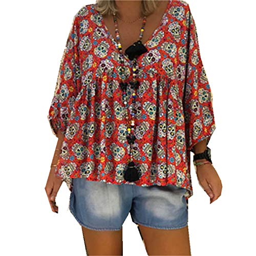 Andongnywell Womens Casual Blouse Loose Sleeve V Neck Printed Tops Shirts Print Chiffon Shirt Tunics (Multicolor 6,1,Small)