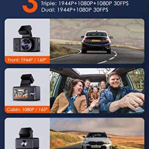 Vantrue E3 2.5K 3 Channel Front and Rear Inside Dash Cam, 3 Way WiFi GPS Dash Camera for Car, 1944P+1080P+1080P, Voice Control, IR Night Vision, 24Hrs Parking Mode, Motion Detection, Support 512GB Max