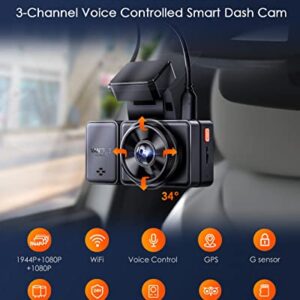 Vantrue E3 2.5K 3 Channel Front and Rear Inside Dash Cam, 3 Way WiFi GPS Dash Camera for Car, 1944P+1080P+1080P, Voice Control, IR Night Vision, 24Hrs Parking Mode, Motion Detection, Support 512GB Max