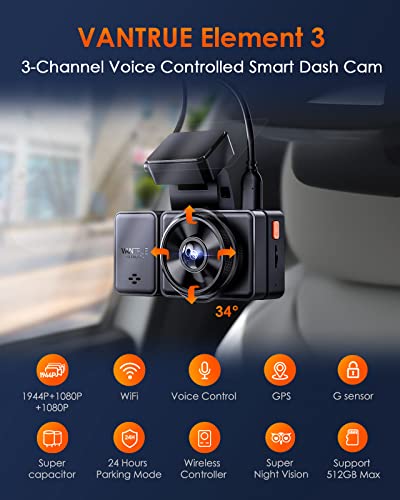 Vantrue E3 2.5K 3 Channel Front and Rear Inside Dash Cam, 3 Way WiFi GPS Dash Camera for Car, 1944P+1080P+1080P, Voice Control, IR Night Vision, 24Hrs Parking Mode, Motion Detection, Support 512GB Max