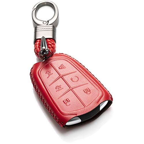 Vitodeco Genuine Leather Smart Key Keyless Remote Entry Fob Case Cover with Key Chain for 2015-2019 Cadillac Escalade, Escalade ESV (6 Buttons, Red)