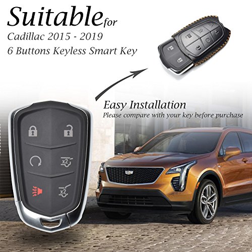 Vitodeco Genuine Leather Smart Key Keyless Remote Entry Fob Case Cover with Key Chain for 2015-2019 Cadillac Escalade, Escalade ESV (6 Buttons, Red)