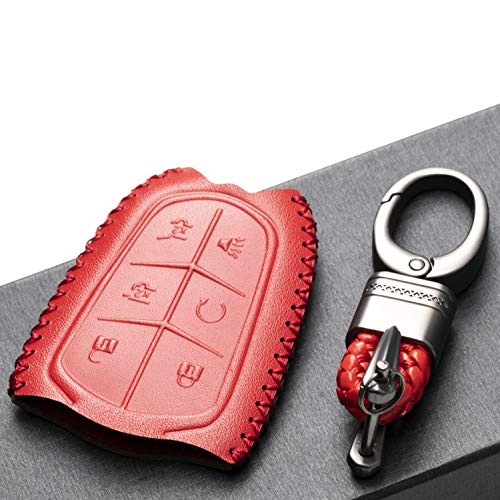 Vitodeco Genuine Leather Smart Key Keyless Remote Entry Fob Case Cover with Key Chain for 2015-2019 Cadillac Escalade, Escalade ESV (6 Buttons, Red)