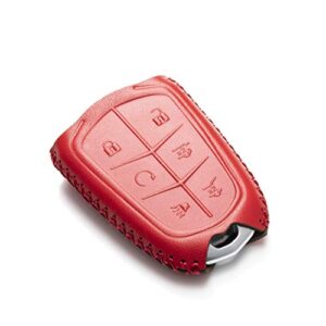 Vitodeco Genuine Leather Smart Key Keyless Remote Entry Fob Case Cover with Key Chain for 2015-2019 Cadillac Escalade, Escalade ESV (6 Buttons, Red)