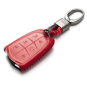 Vitodeco Genuine Leather Smart Key Keyless Remote Entry Fob Case Cover with Key Chain for 2015-2019 Cadillac Escalade, Escalade ESV (6 Buttons, Red)