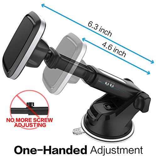 1Zero Magnetic Phone Car Mount with Quick Extension Telescopic Arm, Hands-Free Windshield Dashboard Cell Phone Holder for Car Compatible with iPhone Smartphone, Sticky Suction Cup, 6 Strong Magnets