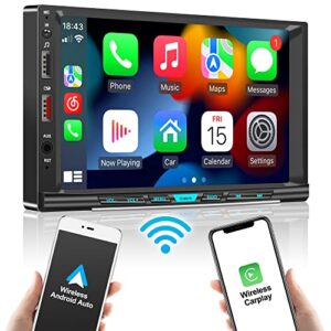 wireless ios carplay&android auto, double din car stereo with voice control,7 inch hd touchscreen,mirror link,bluetooth 5.1, am/fm car radio receiver,backup camera/subwoofer/2usb/swc/aux/fast charging