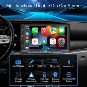 Wireless iOS Carplay&Android Auto, Double Din Car Stereo with Voice Control,7 Inch HD Touchscreen,Mirror Link,Bluetooth 5.1, AM/FM Car Radio Receiver,Backup Camera/Subwoofer/2USB/SWC/AUX/Fast Charging