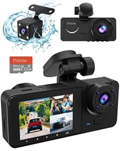 3 channel dash cam front and rear inside,1080p full hd 170 deg wide angle dashboard camera with 32gb sd card,2.0 inch ips screen,built in ir night vision,g-sensor,parking mode,loop recording
