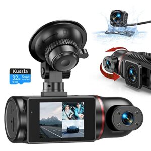 3 channel dash cam front and rear inside, kussla fhd 1080p dash camera for cars with sd card, rotatable dashcam with super night vision, loop recording, g-sensor, wdr, motion detection