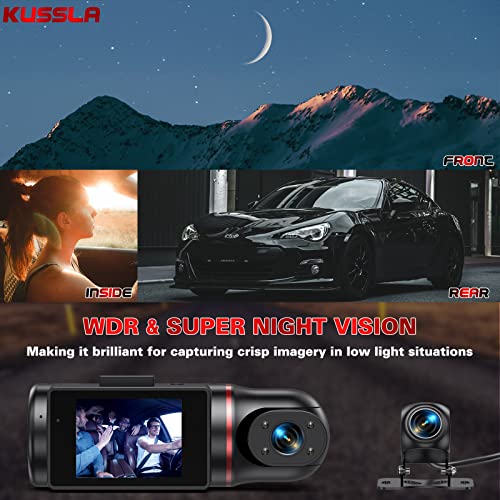 3 Channel Dash Cam Front and Rear Inside, Kussla FHD 1080P Dash Camera for Cars with SD Card, Rotatable Dashcam with Super Night Vision, Loop Recording, G-Sensor, WDR, Motion Detection