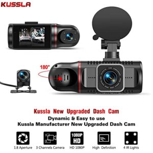 3 Channel Dash Cam Front and Rear Inside, Kussla FHD 1080P Dash Camera for Cars with SD Card, Rotatable Dashcam with Super Night Vision, Loop Recording, G-Sensor, WDR, Motion Detection