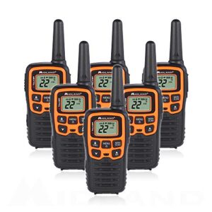 midland t51vp3 22 channel frs walkie talkie – up to 28 mile range two-way radio – orange/black (pack of 6)