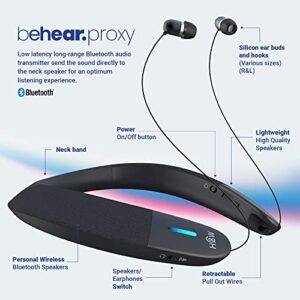 BeHear Proxy & HearLink Personal Sound System | TV Bluetooth Audio Transmitter | Wearable, Lightweight, Hands Free & Wireless Neck Speaker | Retractable Ear Buds Plugs