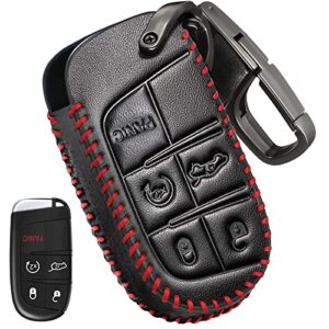 slohif for jeep key fob cover keychain accessories for grand cherokee renegade chrysler 200 300 dodge ram durango charger challenger journey dart fiat 5 buttons, leather case+d-ring+hook(black)